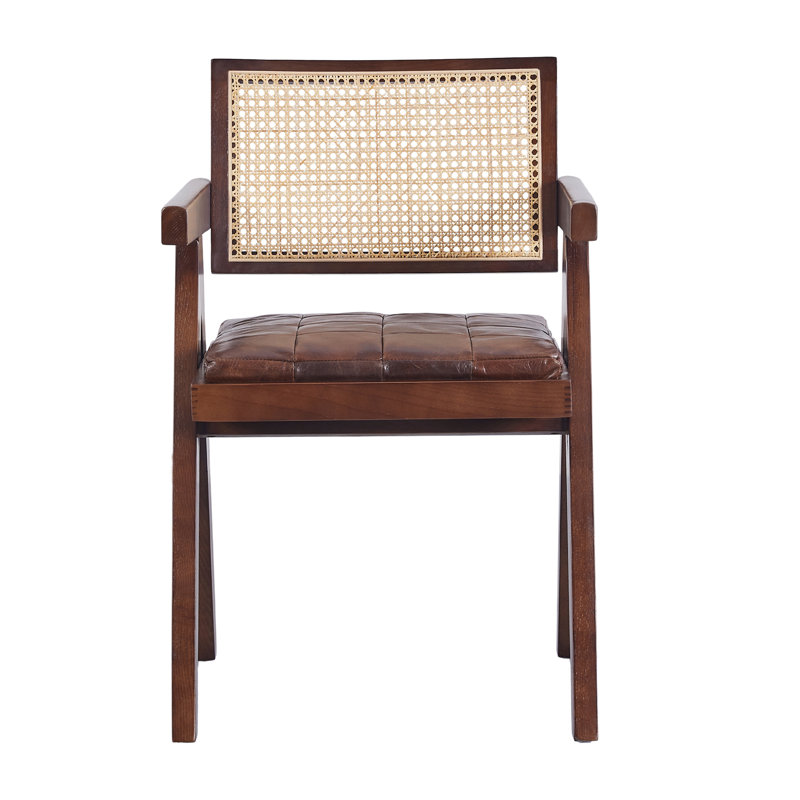 Diamour Solid Wood Rattan Genuine Leather Arm Chair Dining Chair, Brown