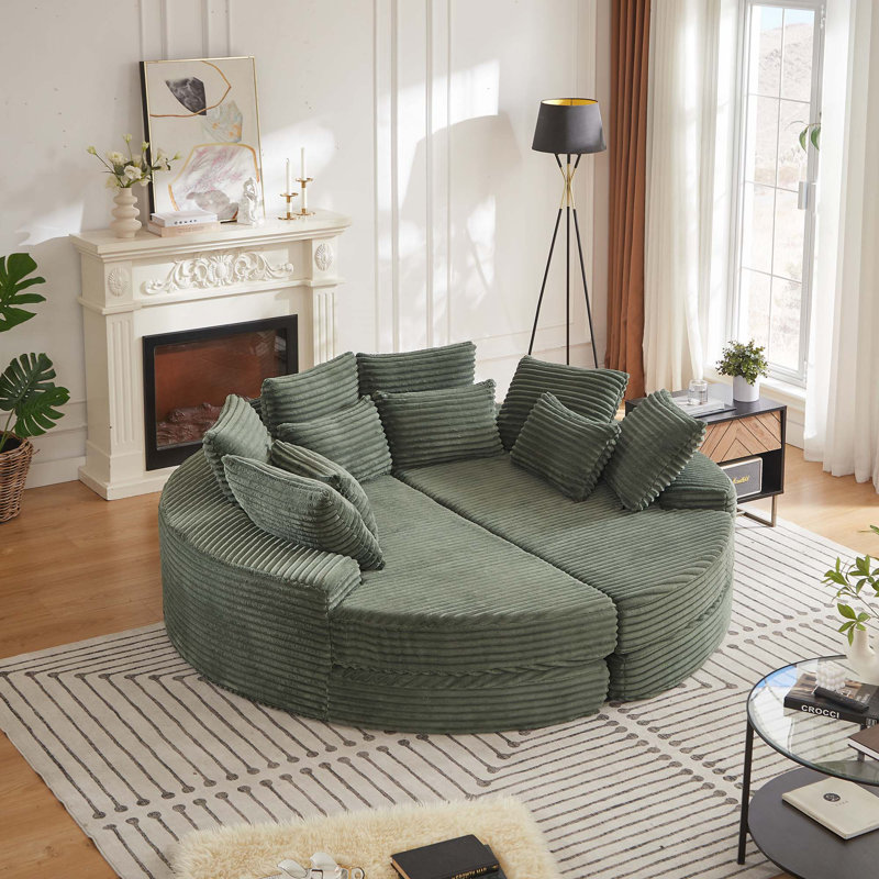 Fauteuil inclinable rond en velours côtelé de 78,5 pouces, convertible en deux fauteuils inclinables, canapé-lit 2 en 1, conception de coussin pour le cou avec cinq coussins décoratifs