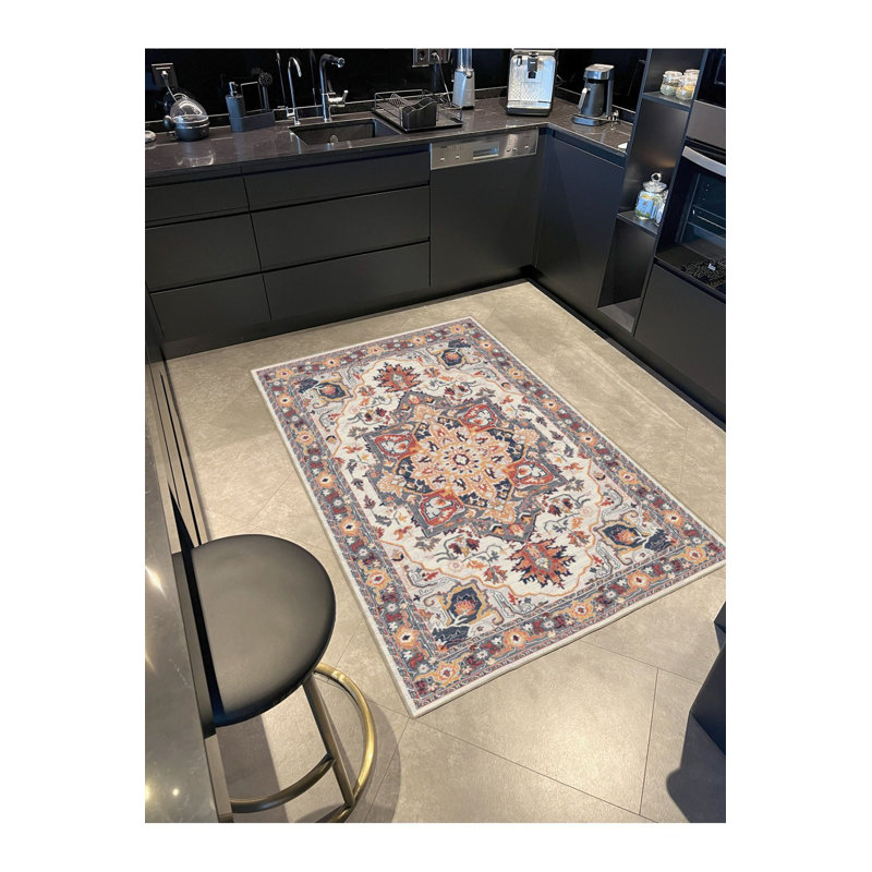 Tapis traditionnel lavable à la machine à motif floral, Carré 3 pi 3 po