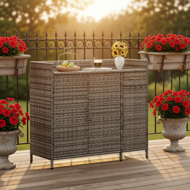 47.5" Wicker Outdoor Storage Cabinet With Tempered Glass Desktop, Weather-Proof Rattan Bar Table With Three Doors, Adjustable Shelf, And One Drawer, For Outdoor Cushions, Pool Toys , Grey