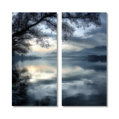 Serene Lake At Dawn With First Light - Lake Wall Art, Blue Landscape Canvas Print 2 Piece