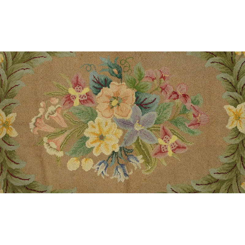 Small Size Cream Color Antique 1930 European Influenced Floral Inlay Design American Hooked Rug