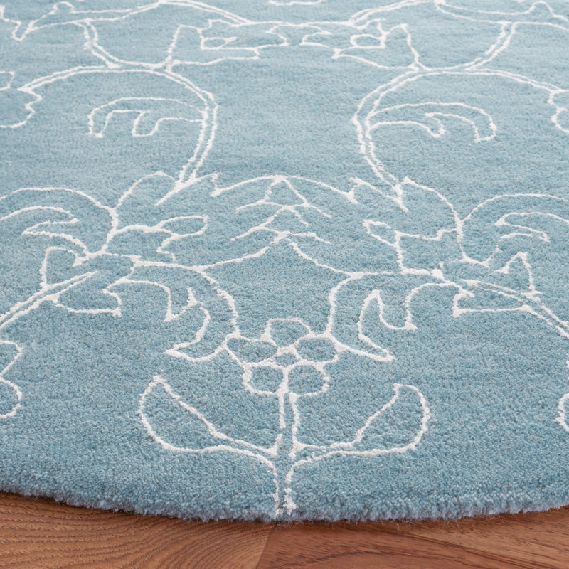 Tapis floral en laine fabriqué à la main bleu / ivoire, Rond 7 pi