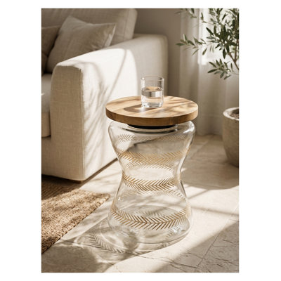 Table d'appoint ronde en verre 11 po x 15 po avec plateau en bois de manguier peint à la main et base en fougère dorée