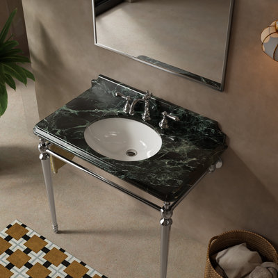 Console de lavabo Vici 36, lavabo encastré en céramique et comptoir en marbre naturel vert foncé avec 3 trous prépercés pour robinetterie, pieds de support autoportants en acier inoxydable avec porte-serviettes, fini chromé