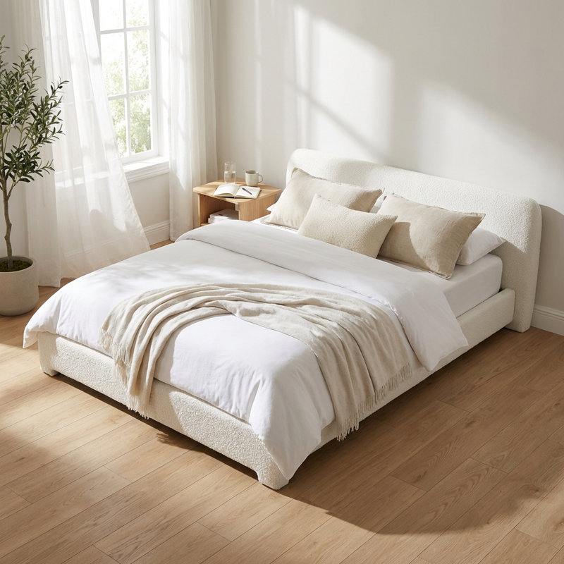 Lit rembourré confortable avec tissu bouclé doux et design minimaliste