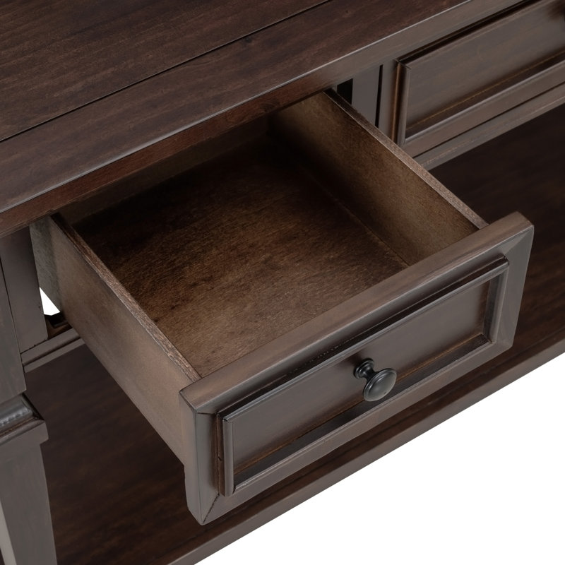 Console de style rétro classique avec trois tiroirs supérieurs et tablette inférieure ouverte, Espresso, Espresso, Espresso