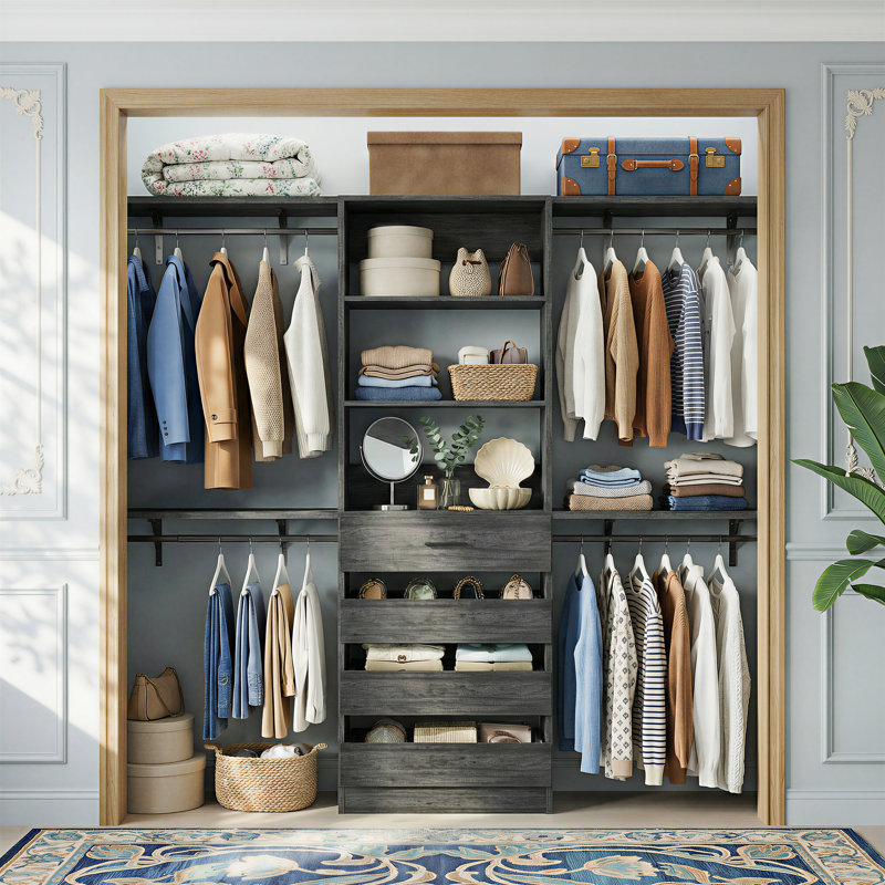 21"-95"Closet System With 4 Drawers And 4 Rods, Gray
