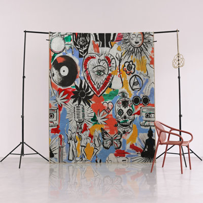 Multi-Colored Abstract Design Retro Skull, Eye, and Butterfly Patterned Modern Decorative Rug