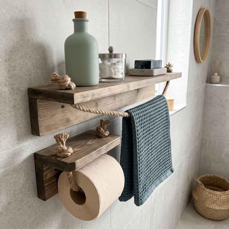 Aveline 2-Piece Handmade Solid Spruce Wood Floating Wall Shelf & Toilet Paper Holder Set