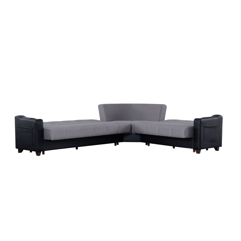 Canapé modulaire Lindsey beige avec similicuir chocolat, Tissu gris clair / similicuir noir