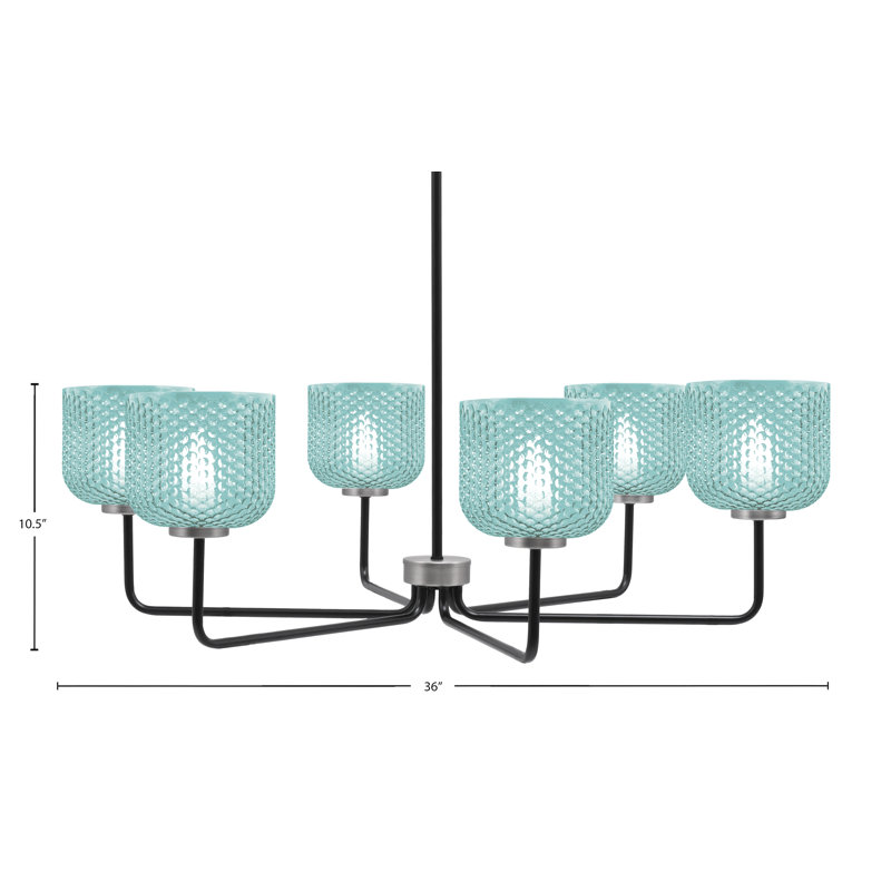 Lustre 6 lumières Amarmula, noir mat et finition graphite, verre texturé turquoise 6 po, Sarcelle, Noir / nickel