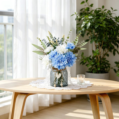 Faux Flowers in Vase with Artificial Silk Dahlia Bouquet, Table Centerpieces for Dining Room and Coffee Table Decor, Light Blue Glass Vase with Heart Pendant and Twine
