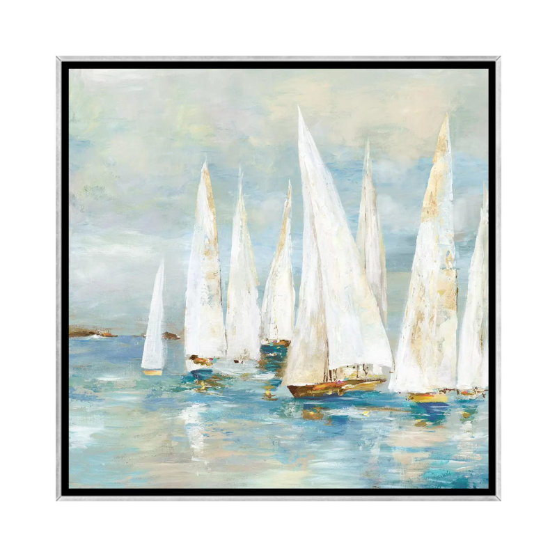 Voiliers blancs de Allison Pearce, reproduction d’art, H 18 po x l 18 po x 1,5 po, Toile avec cadre argenté, Pas de tapis