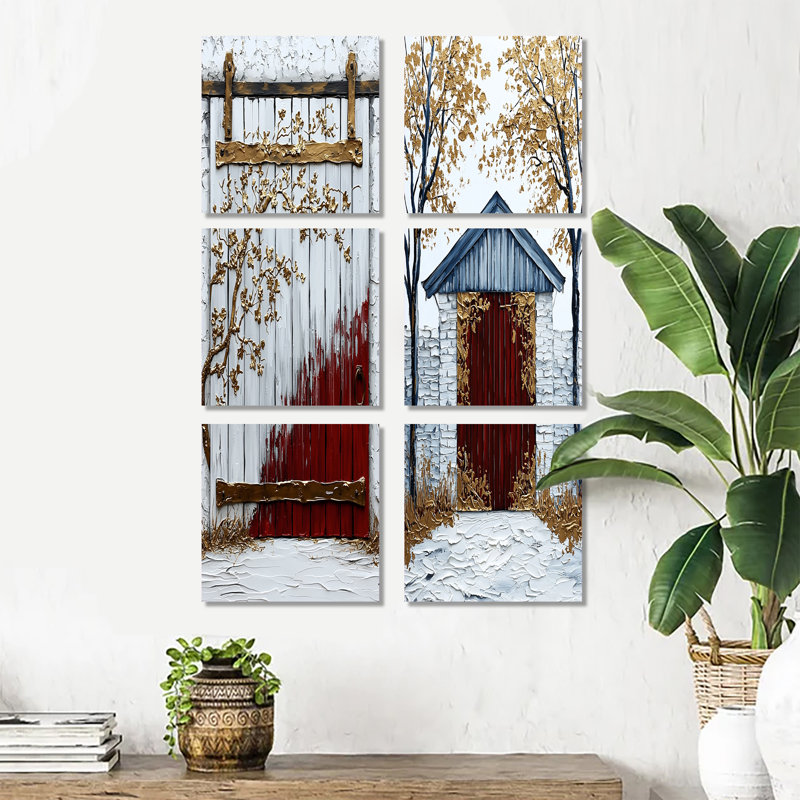 Beauté de porte de grange blanche accentuée de rouge - ensemble de 6 impressions sur toile de porte de grange, Toile tendue