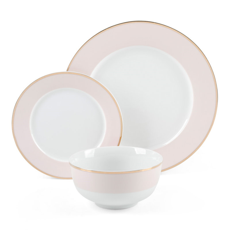 Pink Porcelain Coastal Dinnerware Set with Gold Rim, Service for 4