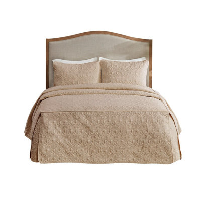 3 Piece Split Corner Pleated Quilted Bedspread Khaki King