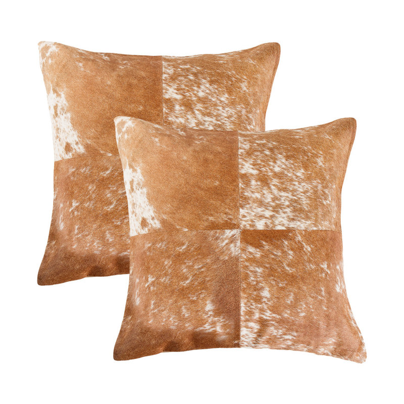 Ensemble de deux coussins décoratifs en cuir de vache brun et blanc de 18 po