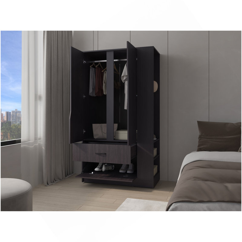 Garde-robe Sehili, 3 portes, 1 tiroir, tablettes latérales, tringles suspendues, design contemporain, wengé