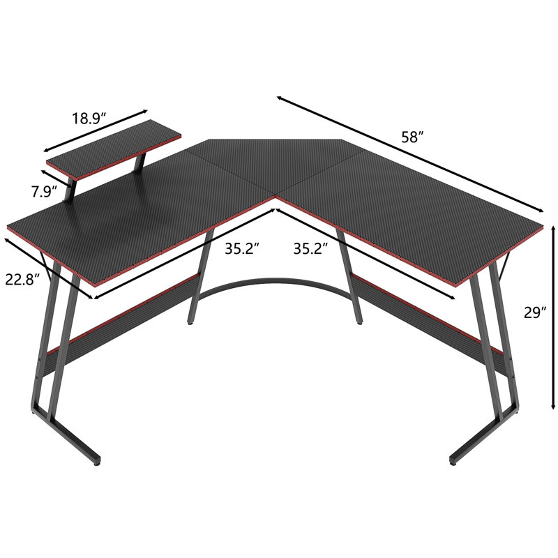 Bureau d'ordinateur en forme de L avec grand support pour écran Sherri, Noir, noir, noir, noir, H 29 po x l 58 po x P 22,8 po
