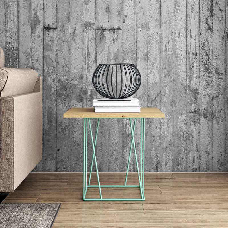 Saina End Table, Wild Oak, Sea Green Lacquered Steel