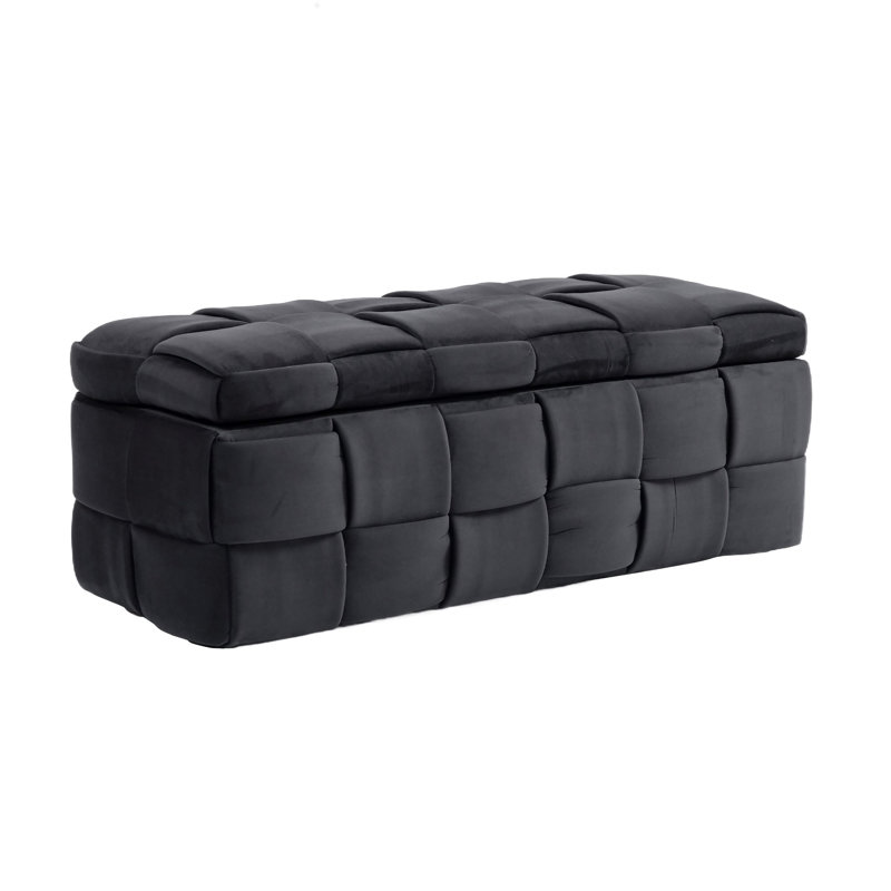 Pransh Velvet Upholstered Storage Bench, Black