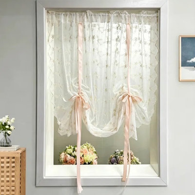Rod Pocket Bowknot Tie Up Kitchen Curtain Floral Balloon Lace Sheer Curtain Tiers For Small Cafe Windows Light Filtering Ruffled Voile Window Valance For Wedding 1 Panel