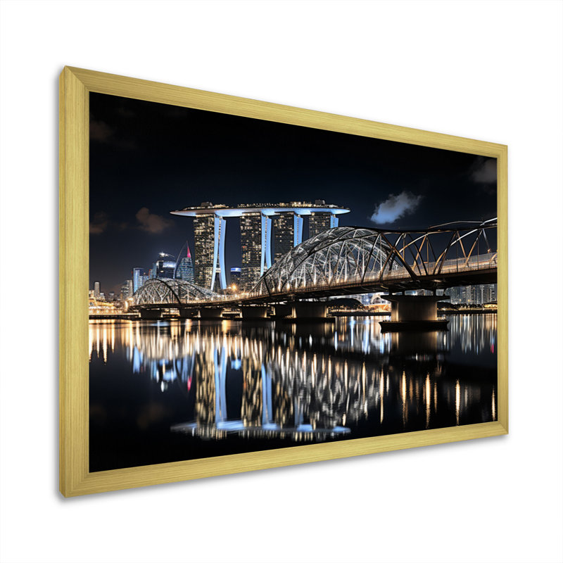 Singapour, beau, paysage urbain, noir, impression, Encadrement doré, H 34 po x l 44 po x P 1,5 po
