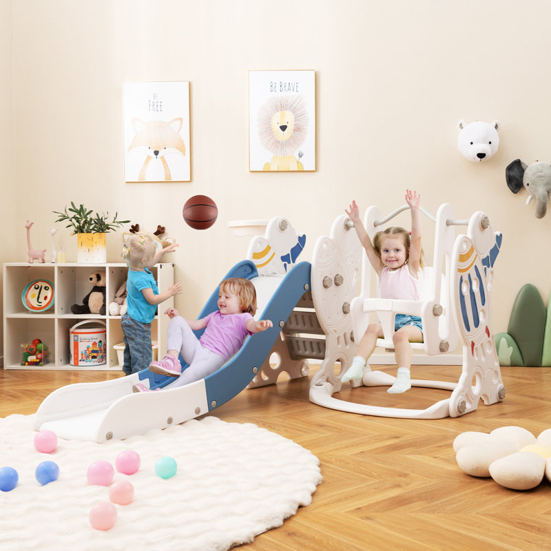 Ensemble de jeu de glissade et de balançoire 4 en 1 pour enfants, Bleu / gris / blanc