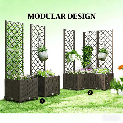 Boîte à fleurs à arrosage automatique avec réservoir intégré, treillis réglable, conception modulaire et minuterie automatique pour un entretien sans effort des plantes.