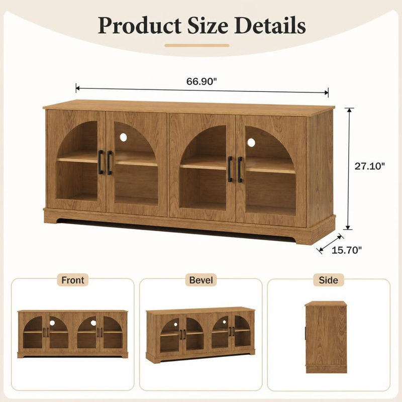 Meuble télé Farmhouse avec portes en verre semi-arquées pour téléviseur de 70 po ou moins, console média fonctionnelle avec tablettes de rangement réglables, buffet à grain de bois durable avec gestion des câbles intégrée