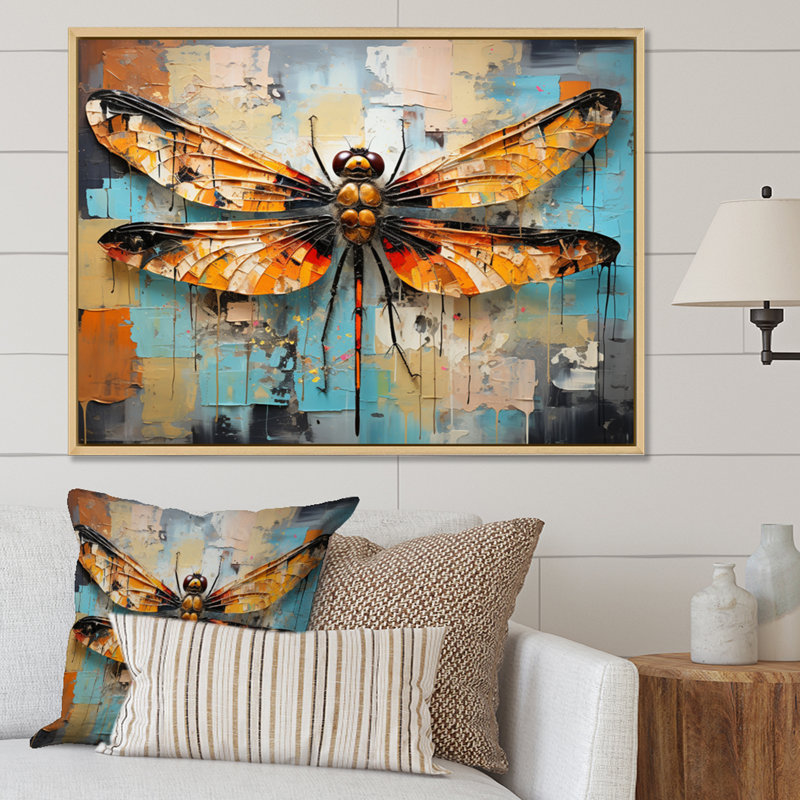 «Orange Dragonfly Insectes Flight Collage I», reproduction sur toile, H 24 po x l 32 po x P 1 po, Cadre naturel flottant