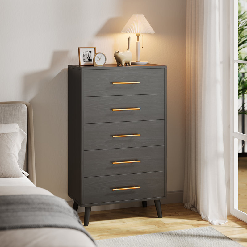 Commode moderne à 5 tiroirs en bois massif avec rangement en métal, Noir