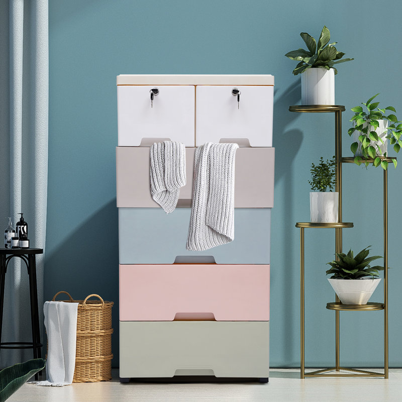 Armoire de rangement en plastique 6 tiroirs Julane, Gris / rose / vert
