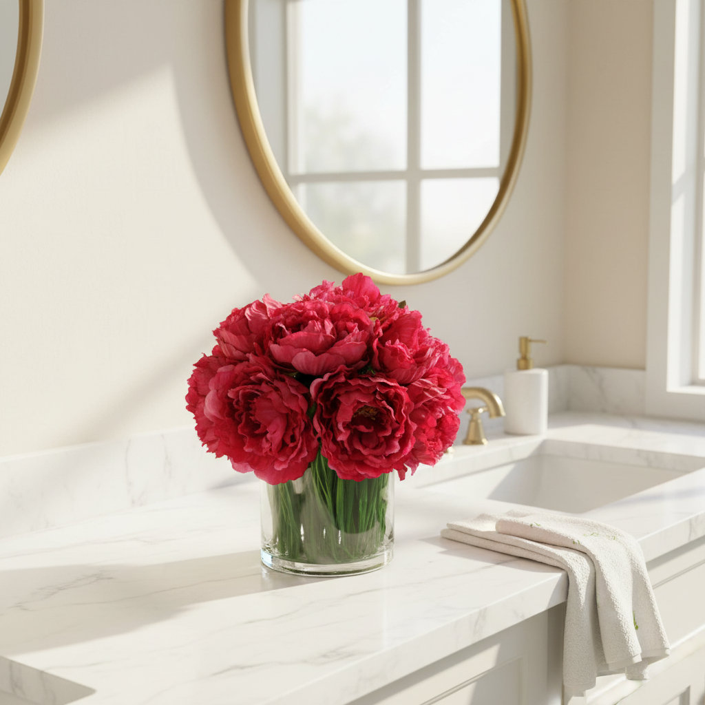 Peony Arrangement in Glass Vase with Grass, Magenta