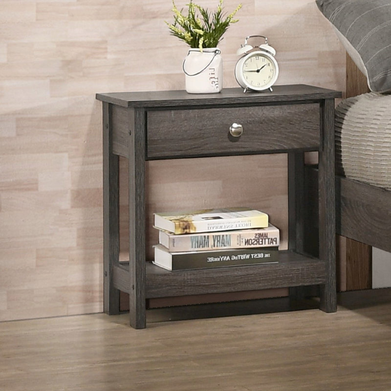 1Pc Rustic Grey Nightstand Single Drawer Bottom Shelf Bedside Table Bedroom Wooden Furniture