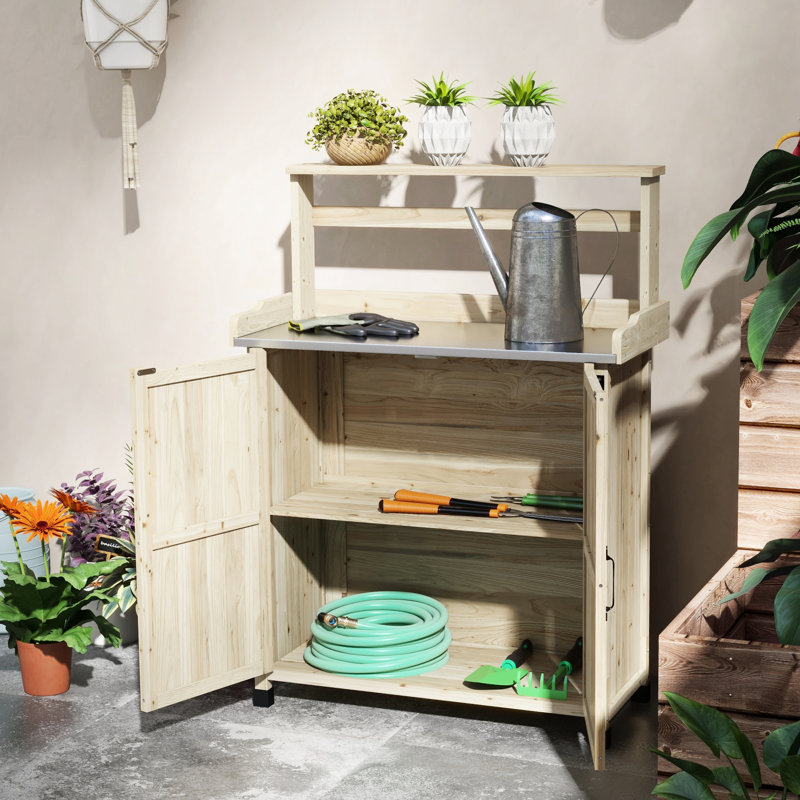 Établi pour rempotage avec rangement, plateau galvanisé, bois pour la cour, jardin, balcon, surface de table naturelle, patio stable, pelouse,