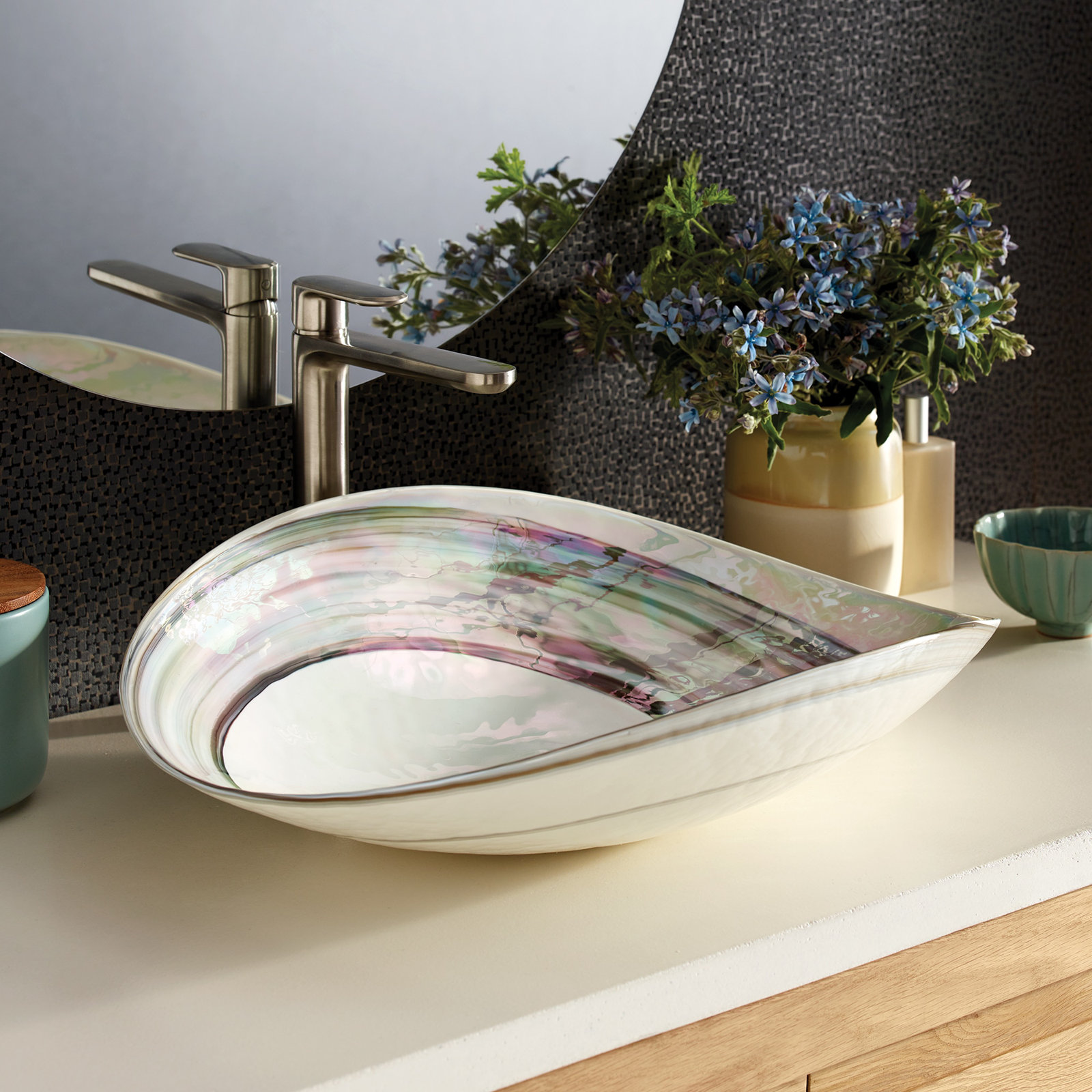Murano Glass Oval Vessel Bathroom Sink, Abalone