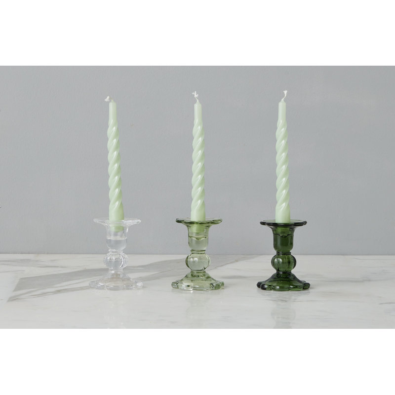 Glass Scalloped Candlesticks, Clear/Sage/Spruce