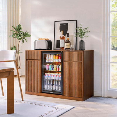 Fluted Buffet Wine Cabinet with Mini Fridge Nook, Charging Station, and Adjustable Shelves for Versatile Storage and Organization