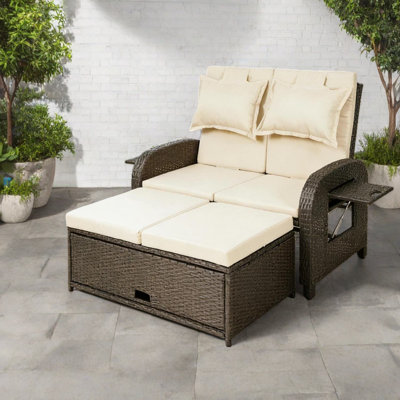 Convertible Wicker Patio Sofas With Storage, Steel And Rattan Design For Outdoor
