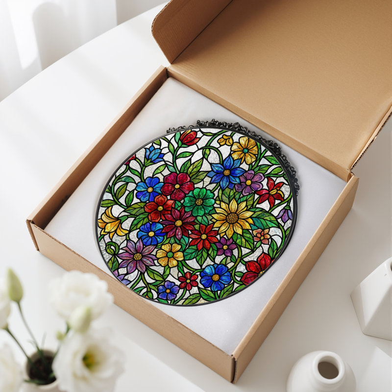 Panneau de vitrail à motif floral H 12 po