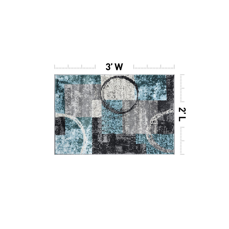 Tapis moderne performance gris, ivoire et bleu à motif abstrait Fanton, Rectangulaire 2 pi x 3 pi, Bleu/gris