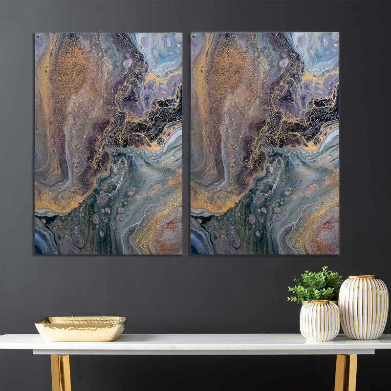Contemporary Abstract Wall Art for Bedroom & Living Room, Blue Purple & Gold Canvas Painting, 120cm H x 80cm W