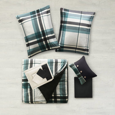 7 Pcs Twin Bed Comforter And Sheet , Teal/black Plaid, Microfiber, , Contrasting On Pillowcase Bundle, Teal/black, Sheets