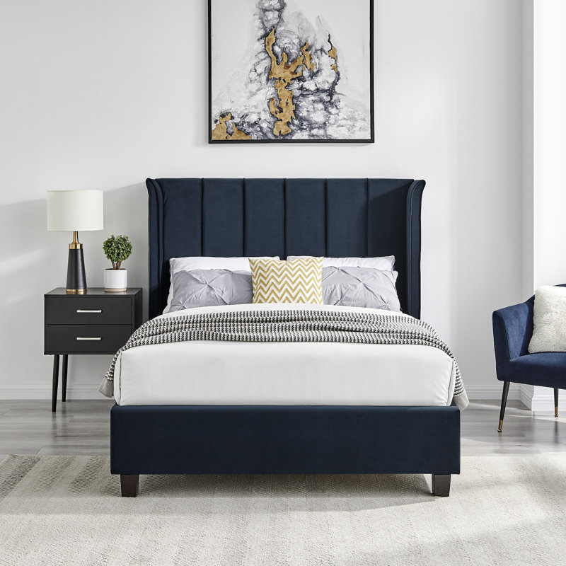 Aley Upholstered Bed, Navy Blue, Double (4'6)