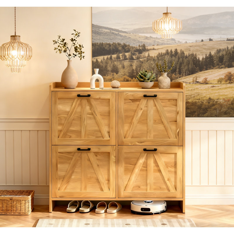 Light Oak Rustic Barn-door Shoe Cabinet With 4 Flip Drawers, Sleek Space-saving Entryway Shoe Cabinet For Living Room