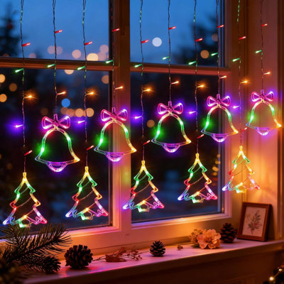 Guirlande lumineuse de Noël pour fenêtre, 115 DEL, rideau lumineux d'intérieur avec clochette et 8 modes d'éclairage, décoration à brancher pour chambre, mur ou fête de Noël.