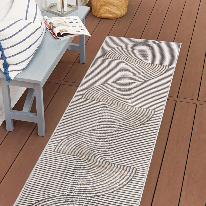Donatienne Mid-Century Curve Stripe Reversible Machine-Washable Dark Gray/Cream Indoor/Outdoor Rug, Runner 2' x 8'