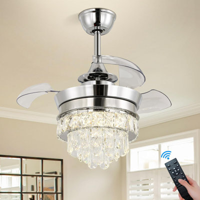 Ventilateur de plafond en cristal 22 "à DEL avec petite lumière Fandeliers à intensité variable 6 vitesses avec lumières pour le salon de la chambre à coucher (2202-Chrome)